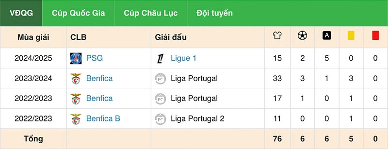 Thống kê sự nghiệp thi đấu của João Neves